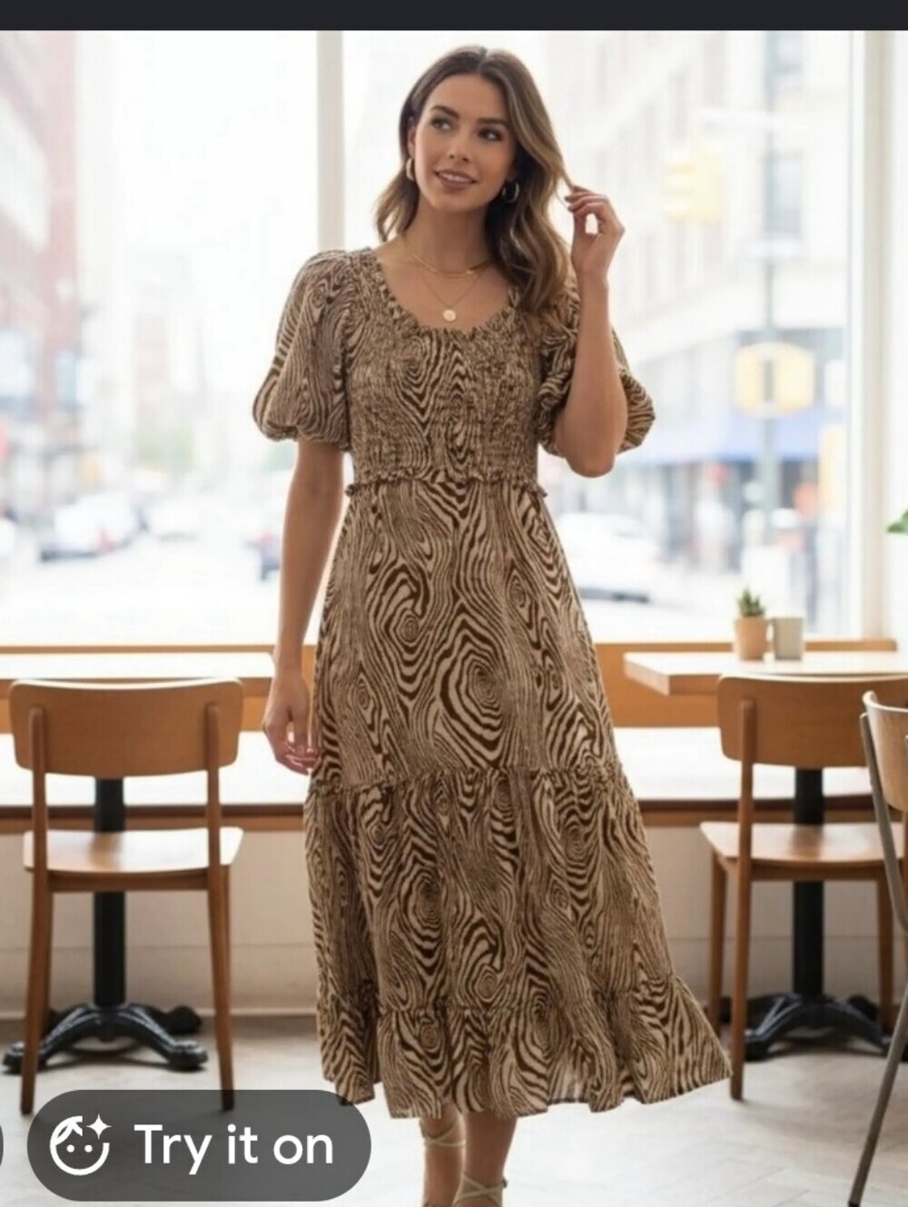 Moon River Brown Abstract Woodgrain Print Midi Dress Puff Sleeve Cottagecore Boh